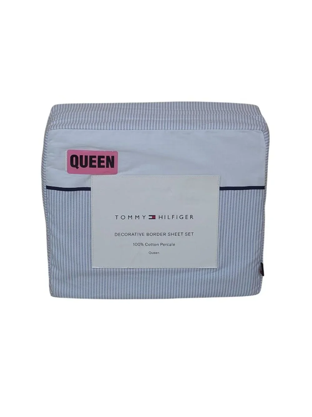 Tommy Hilfiger Decorative Border Queen Sheet Set 100% Cotton Percale Blue